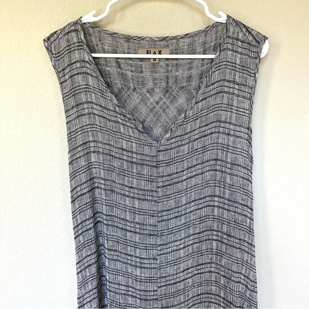 FLAX Linen Dress V-Neck with Pockets Gray and Black M - Picture 3 of 10
